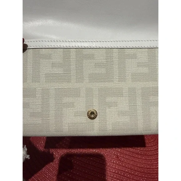Authentic Fendi FF Logo Continental Wallet White Leather Canvas w/ Dust Bag Gold - Picture 4 of 13